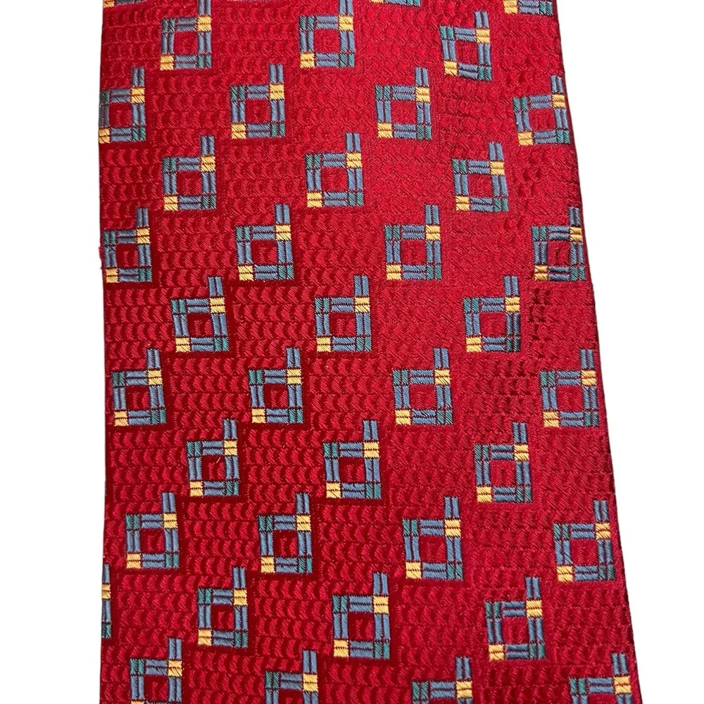 Daniel De Fasson Mens Colorful Preppy Geometric Red 100% Silk Tie Hand Made
